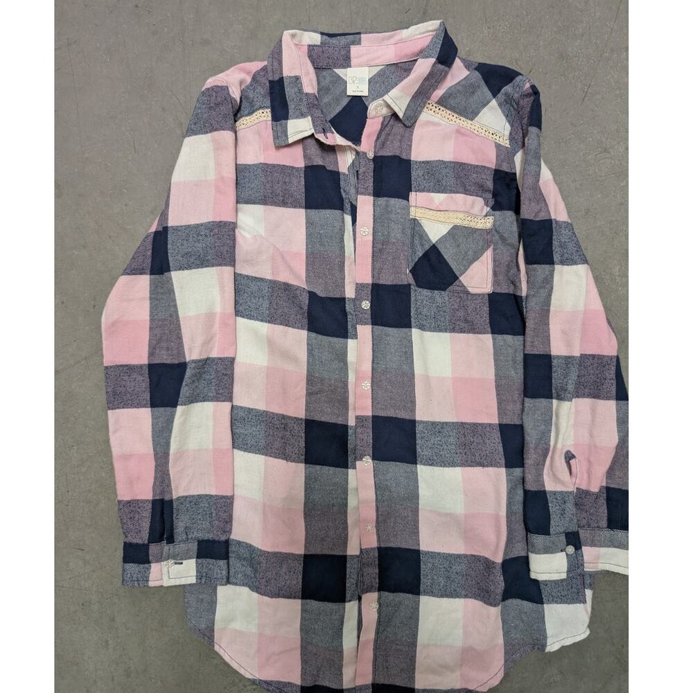 BP Undercover Pink Navy White Plaid Button Up Shirt Lace Trim Long Sleeve Casual